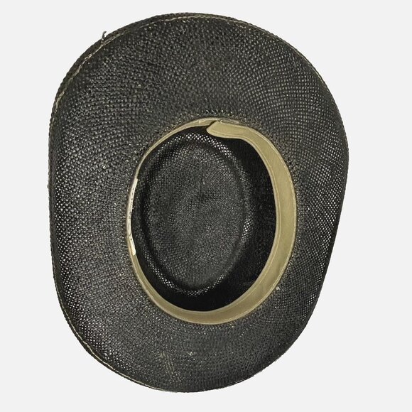 Vintage Black w Gold Cat Lady Stones Bling Boater Straw Hat sz M Dorfman Pacific